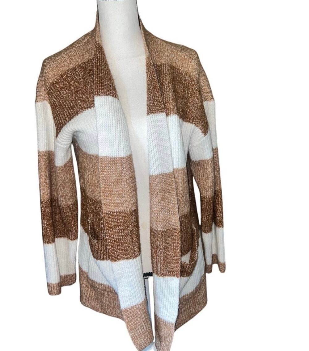 Nine West Brown White Striped Colorblock Open Front Cardigan Large Cozy Knit